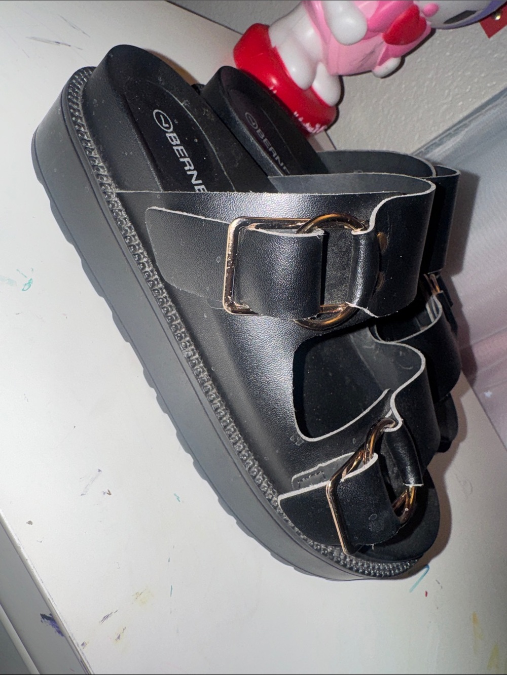 Black Platform Double-Buckle Slide Sandals